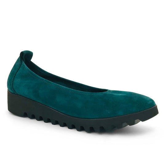 Teal-colored suede slip-on wedge shoe with black soles.