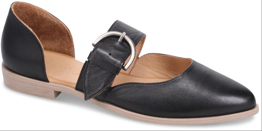 Black leather flat with an oversized buckle.
