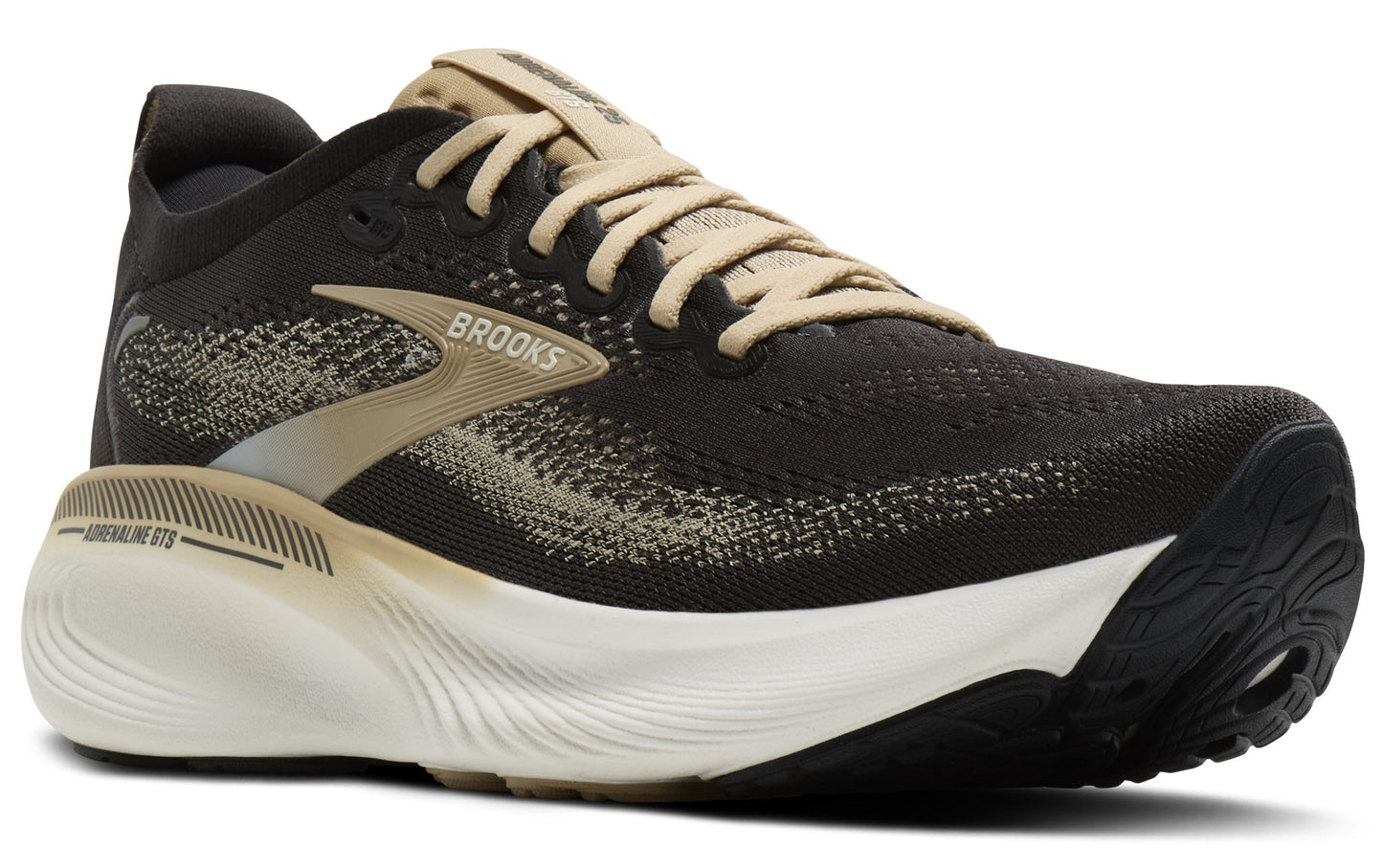 Black running shoe with gold accents, white midsole, and black outsole.