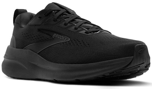 Black running shoe with laces and the word "BROOKS" on its side.