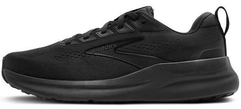 Black running shoe with a thick sole.