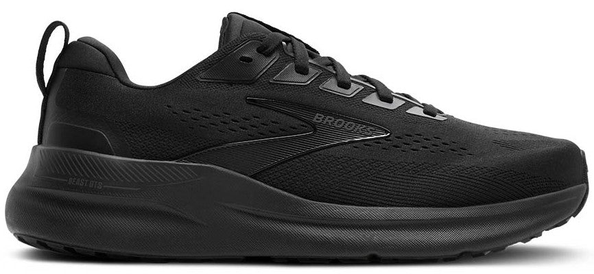 All-black running shoe with a thick sole and the word "BROOKS" on the side.