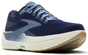 A dark blue athletic shoe with light blue laces and accents, featuring a thick white sole with a tan bottom and 'BROOKS' text on the side.