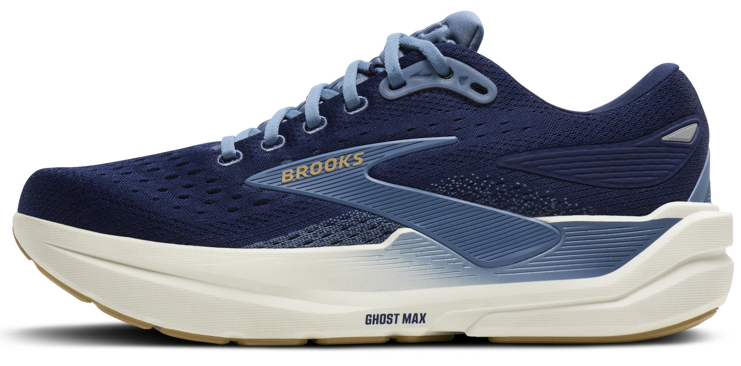 A running shoe featuring navy-blue upper, light-blue laces and logo, and a thick white sole.