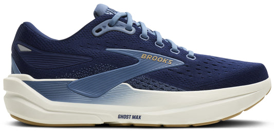 A running shoe in navy blue with a thick white sole, featuring the word 