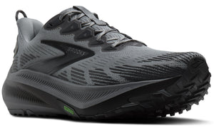 Gray running shoe with a black logo and sole.
