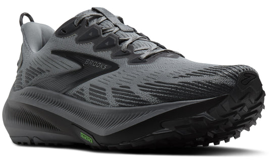 Gray running shoe with a black logo and sole.