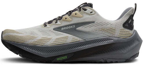 A running shoe with a light gray upper and a dark gray midsole and outsole. The word BROOKS is visible on the side.