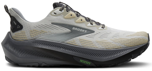 A gray running shoe with the word "BROOKS" on the side.