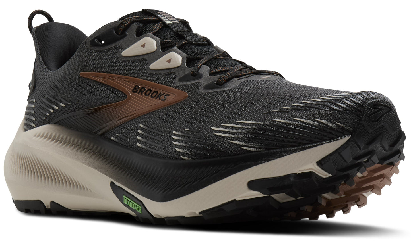 A black running shoe with tan sole, brown logo, and silver accents.