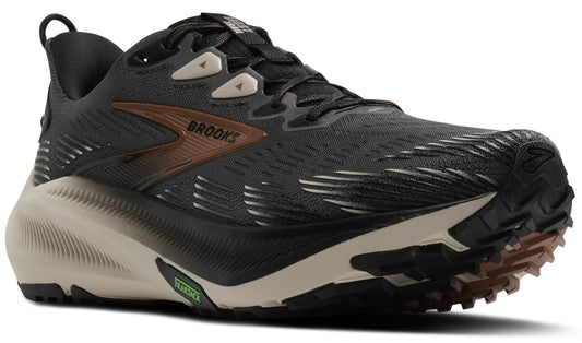 A black running shoe with tan sole, brown logo, and silver accents.