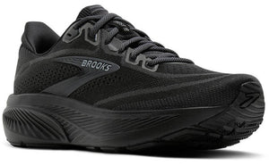A running shoe in all black with laces and a thick sole.