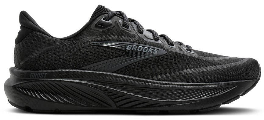 A black running shoe with the word "BROOKS" on the side and "GHOST" at the heel.