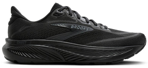 A black running shoe with the word "BROOKS" on the side and "GHOST" at the heel.