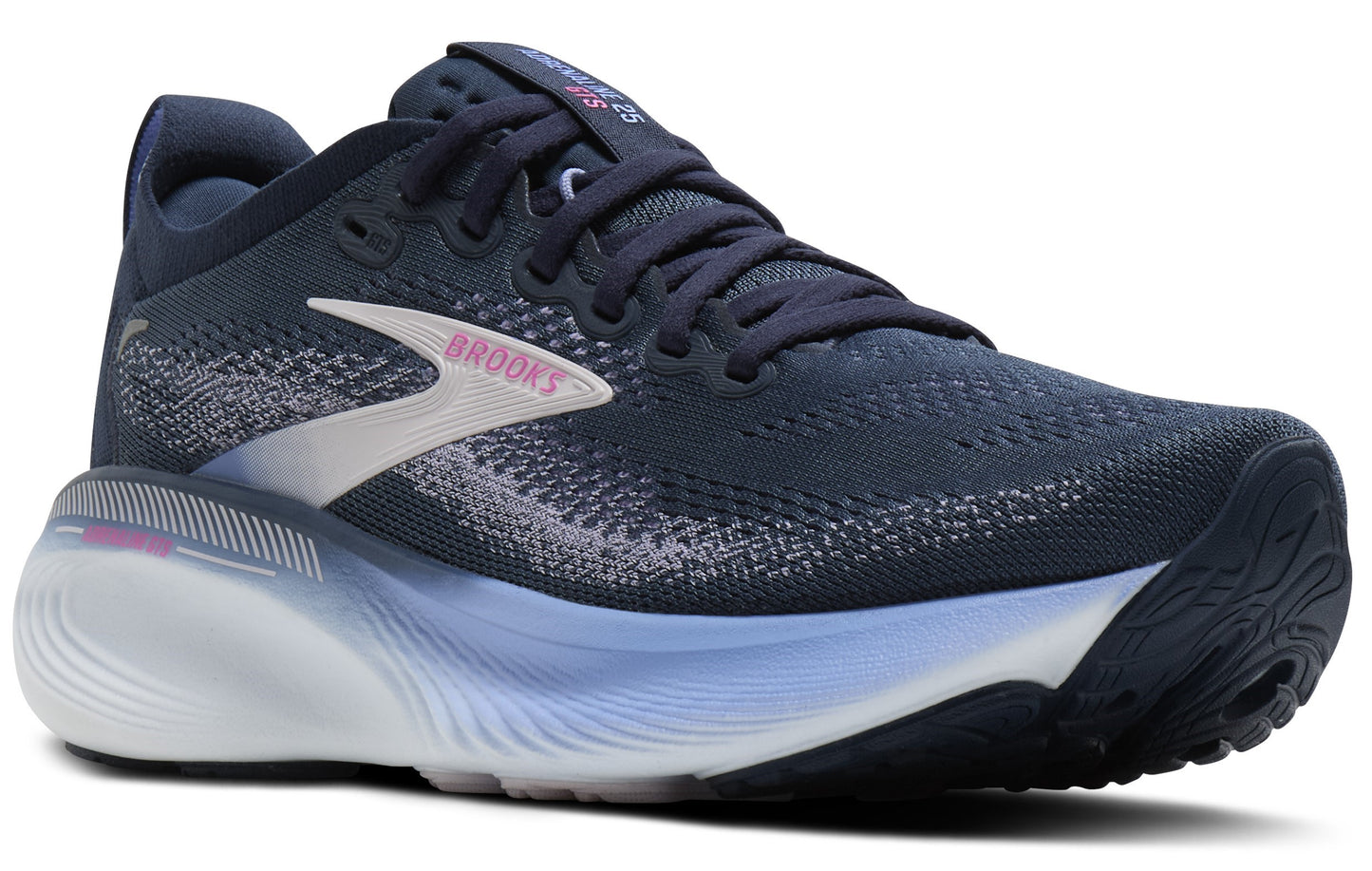 Navy athletic shoe with white and pink accents.