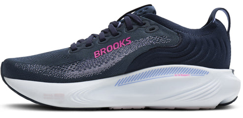 A running shoe in navy with pink "BROOKS" branding. The shoe has a white sole.