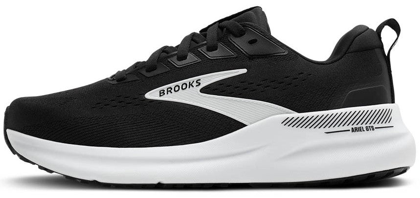 A black and white sneaker with black laces.