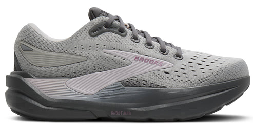 A gray running shoe with laces.