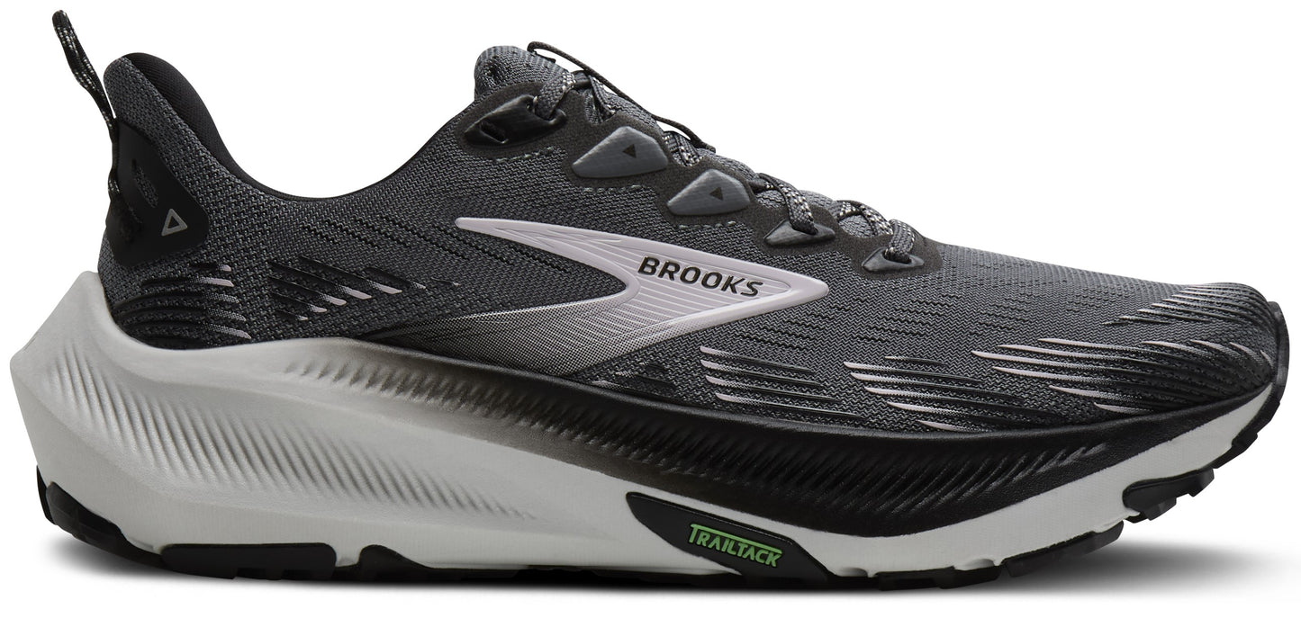 A running shoe in gray with a black and white sole and BROOKS logo on the side.