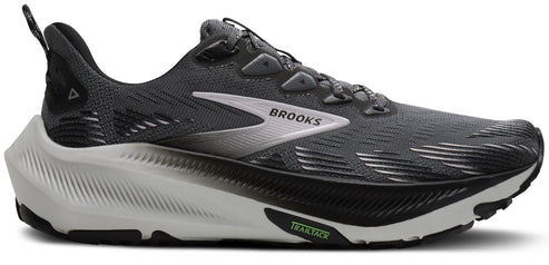 A running shoe in gray with a black and white sole and BROOKS logo on the side.