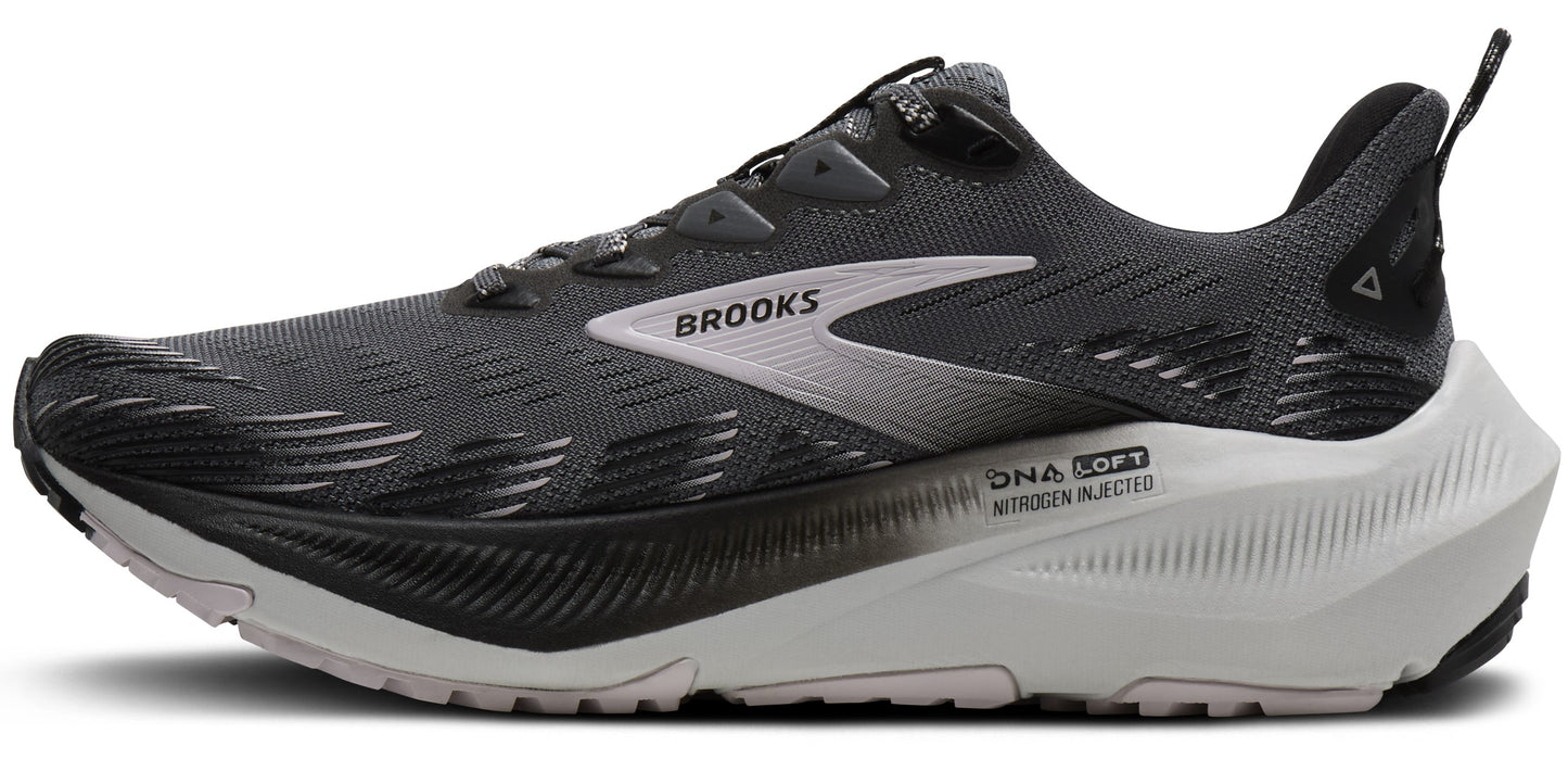 A grey running shoe with a white logo that reads "BROOKS".