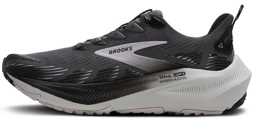A grey running shoe with a white logo that reads "BROOKS".