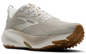 Beige running shoe with brown sole and the word "BROOKS" on the side.