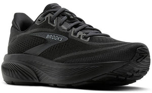 Black running shoe with dark laces, thick sole and "BROOKS" printed on the side.