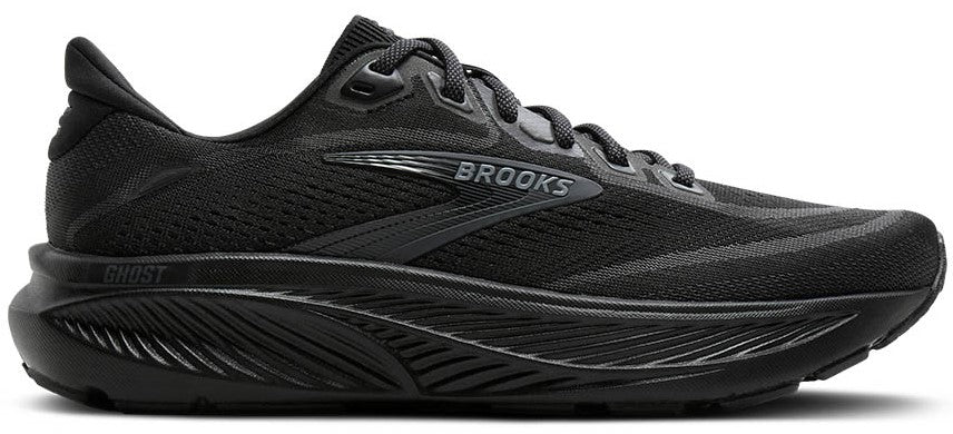 A black running shoe with a thick sole.