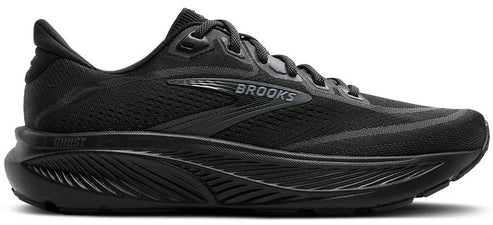 A black running shoe with a thick sole.