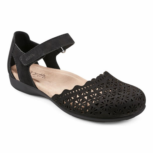 Black leather Mary Jane flat shoe with cutouts and ankle strap