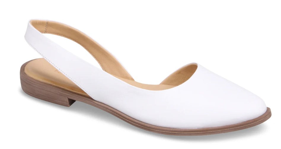 White slingback flat shoe with a rounded toe and light brown sole.