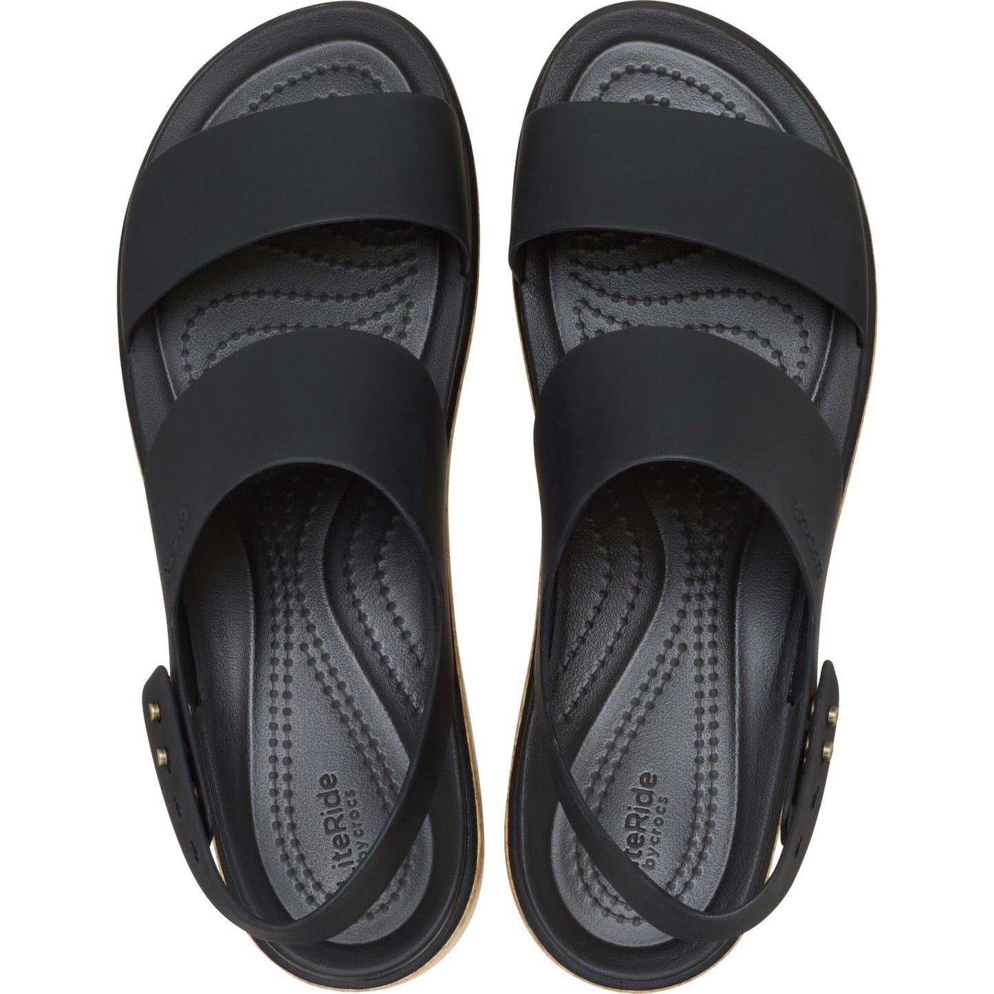 Overhead view of a pair of black sandals with two wide straps across the foot and ankle strap.