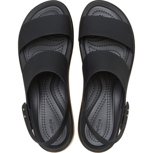 Overhead view of a pair of black sandals with two wide straps across the foot and ankle strap.