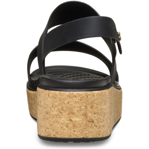Back view of black platform sandal with faux cork.