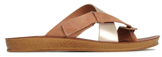 A tan sandal with a metallic gold strap.