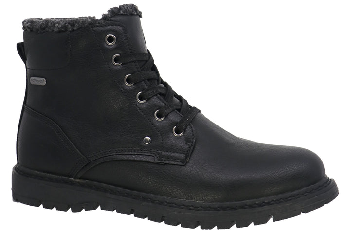 Black leather boot with laces, faux fur lining.