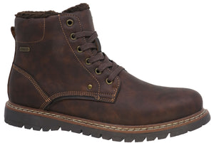 Brown leather ankle boot with fur lining, lace-up closure, and lug sole.