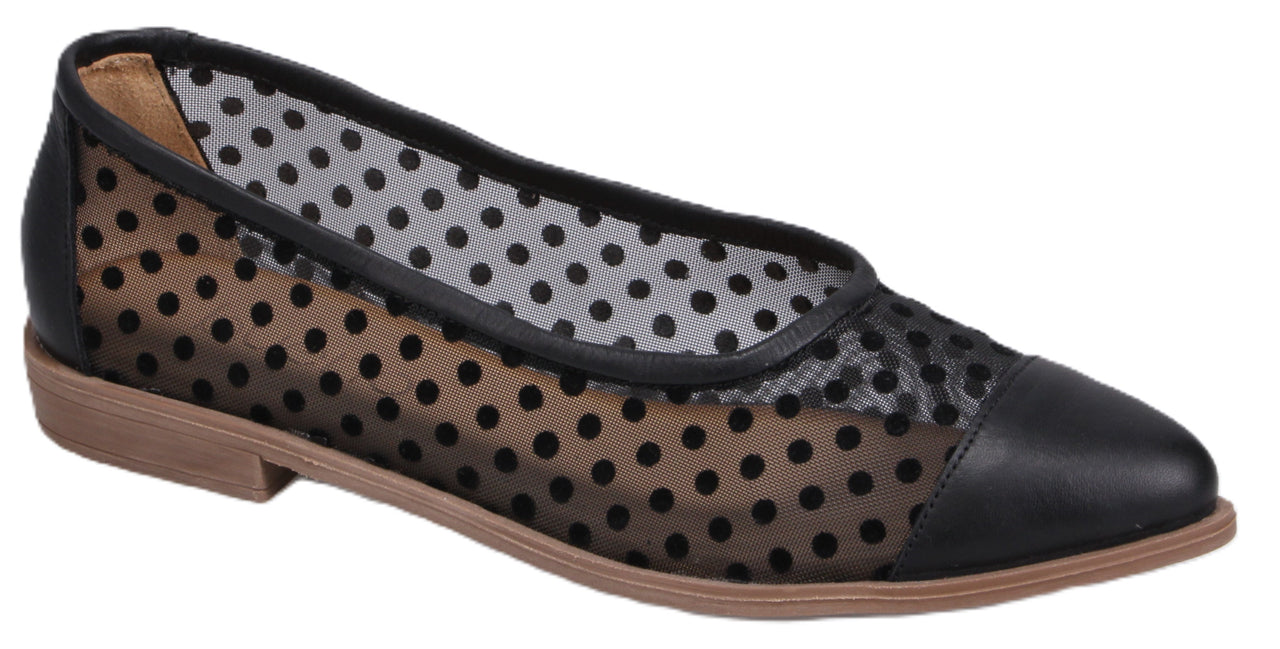 Black polka dot mesh ballet flat with leather toe and heel.