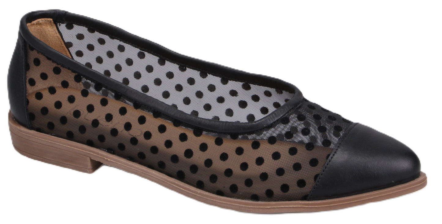Black polka dot mesh ballet flat with leather toe and heel.