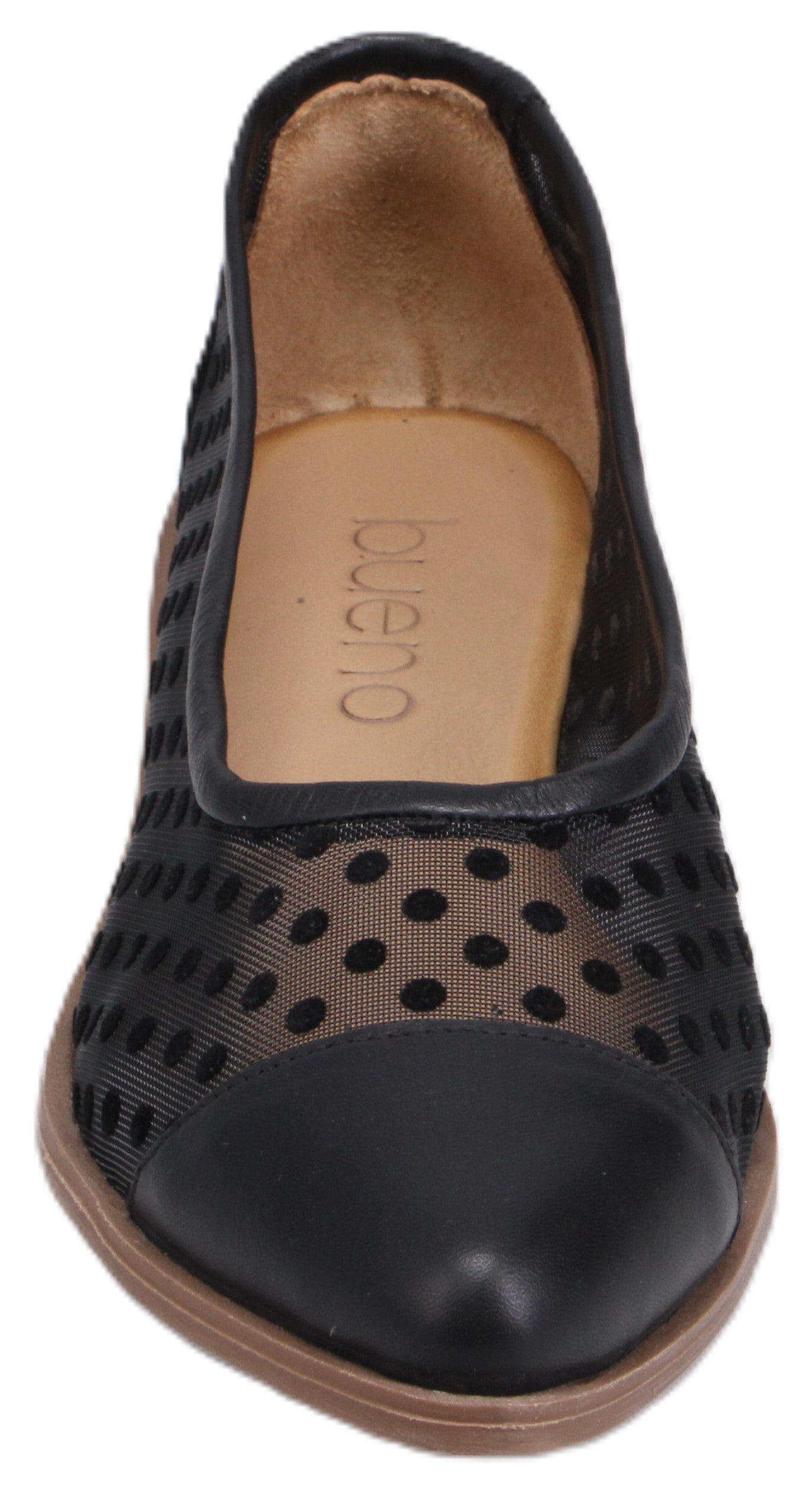 Black leather shoe with polka dot mesh panels.