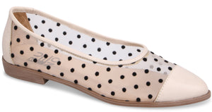 Beige ballet flat with black polka dots and a cap toe.