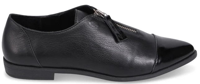 A black leather slip-on dress shoe with a side-zip closure and a glossy patent leather cap toe.