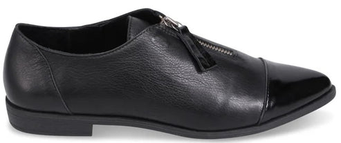 A black leather slip-on dress shoe with a side-zip closure and a glossy patent leather cap toe.