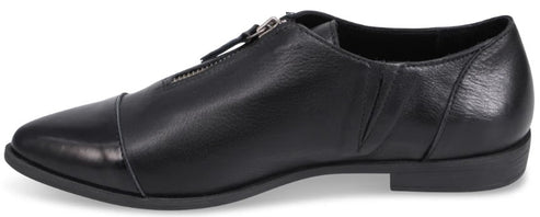 A black leather Oxford-style shoe with a front zipper closure, a cap toe, and a low block heel.