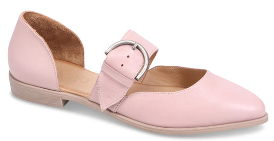 Pink leather flat with buckle strap.