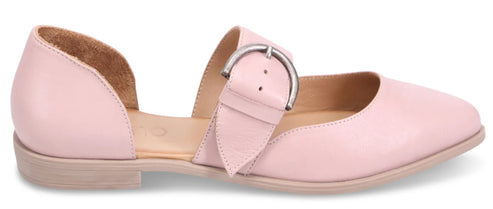 Pink leather Mary Jane style flat shoe with buckle.