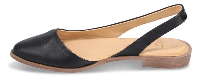 A women's black leather slingback flat shoe.