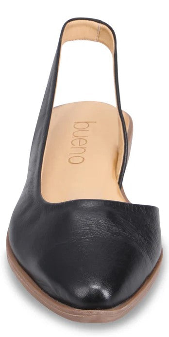 Black leather slingback shoe with a pointed toe and visible Bueno brand on the inner sole.