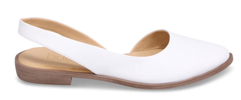 A white slingback flat shoe.